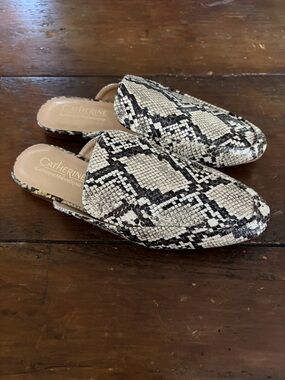 Catherines Women's Snake-Print Slip-On Mules in Black and Cream